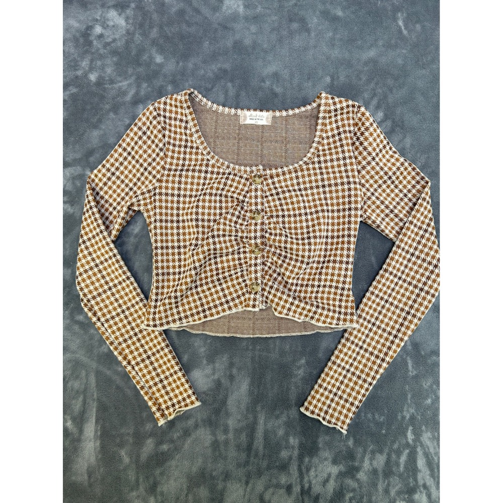 Altar'd State Brown Houndstooth Cropped Cardigan Top XS Long Sleeve Button Front - Picture 2 of 5